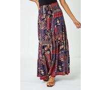Roman Boho Floral Shirred Waist Maxi Skirt Red 20