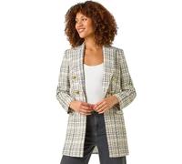 Roman Boucle Blazer for Women UK Ladies Frayed Edge Tailored Longline Rever Collar Jacket Lapel Stretch Smart Office Work Party Night Going Out Lined Classic - Noir Ivory - Size 12