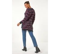 Roman Fluffy Knit Fringe Hem Jumper for Women UK - Ladies Autumn Everyday Winter Holiday Round Neckline Comfy Long Sleeve Soft Warm Feel Sweater Work Office Tops - Black Pink - Size 12