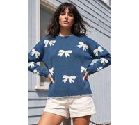Roman Bow Contrast Stitch Knit Jumper In Mid Blue Mid Blue
