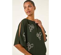 Roman Bow Embellished Cold Shoulder Top In Dark Green Dark Green