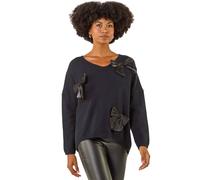 Roman Bow Embellished V-Neck Knit Jumper In Black Black One Size