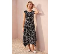Roman Hanky Hem Swing Dress for Women UK Ladies Midi Asymmetric Hemline Stretch Jersey Short Sleeve Sleeveless Summer Smart Casual Work Office Knee Length Tunics - Black - Size 12