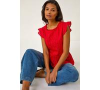 Roman Originals Broderie Anglaise Frill Sleeve Top for Women UK - Ladies Everyday Holiday Spring Summer Round Neckline Comfy Soft Evening Vacation Work Party - Red - Size 16