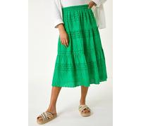 Roman Originals Broderie Tiered Stretch Midi Skirt for Women UK - Ladies Everyday Holiday Spring Summer Comfy Soft Evening Vacation Work Party - Green - Size XL