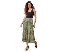 Roman Broderie Elastic Waist A Line Tiered Midi Skirt In Khaki Khaki 14