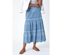 Roman Originals Broderie Tiered Stretch Midi Skirt for Women UK - Ladies Everyday Holiday Spring Summer Comfy Soft Evening Vacation Work Party - Denim - Size 20