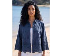 Roman Cotton Broderie Anglaise Shirt for Women UK - Ladies Spring Everyday Summer Holiday V-Neckline Comfy Long Sleeve Soft Pocket Detail Blouse Vacation Tops - Navy - Size 18