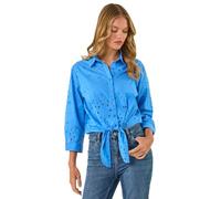 Roman Broderie Tie Front Shirt for Women UK - Ladies Spring Everyday Summer Holiday Button Up Comfy Long Sleeve Soft Knot Detail Top Day Out Blouses - Blue - Size 18