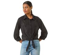 Roman Broderie Tie Front Shirt for Women UK - Ladies Spring Everyday Summer Holiday Button Up Comfy Long Sleeve Soft Knot Detail Top Day Out Blouses - Black - Size 10