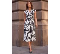 Roman Originals Brushstroke Linen Mix Midi Dress for Women UK - Ladies Everyday Holiday Spring Summer V-Neckline Comfy Soft Evening Vacation Work Party - Black - Size 20
