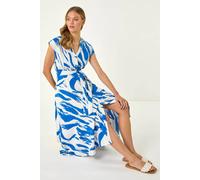 Roman Originals Brushstroke Linen Mix Midi Dress for Women UK - Ladies Everyday Holiday Spring Summer V-Neckline Comfy Soft Evening Vacation Work Party - Blue - Size 18