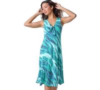 Roman Burnout Abstract Knot Front Stretch Dress for Women UK - Ladies Spring Everyday Summer Holiday V-Neckline Comfy Sleeveless Soft Knee Length Frock Fit & Flare Gowns - Green - Size 20