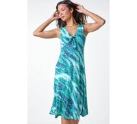 Roman Burnout Abstract Knot Front Stretch Dress for Women UK - Ladies Spring Everyday Summer Holiday V-Neckline Comfy Sleeveless Soft Knee Length Frock Fit & Flare Gowns - Green - Size 18