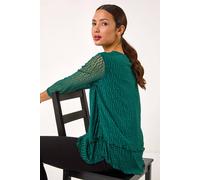 Roman Originals Women Burnout Spot Print Asymmetric Top - Ladies Stretch Jersey Round Neck 3/4 Length Sleeves Lettuce Hem Daywear Tops - Green Teal - Size 12