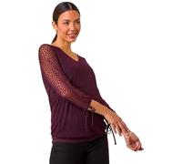Roman Burnout Print Overlay Top for Women UK - Ladies Autumn Everyday Winter Holiday V-Neckline Comfy 3/4 Sleeve Soft Tie Detail Shirt Office Desk Blouses - Aubergine - Size 12
