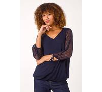 Roman Burnout Print V-Neck Overlay Mesh Top In Navy Navy 12