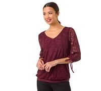 Roman Burnout Print V-Neck Overlay Mesh Top In Wine Wine 10