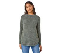 Roman Button Detail Curved Hem Jumper for Women UK - Ladies Autumn Everyday Winter Holiday Round Neckline Comfy Long Sleeve Soft Top Day Office Sweaters - Khaki - Size 16