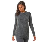 Roman Button Detail Curved Hem Jumper for Women UK - Ladies Autumn Everyday Winter Holiday Round Neckline Comfy Long Sleeve Soft Top Day Office Sweaters - Black - Size 12