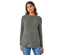 Roman Button Detail Curved Hem Jumper for Women UK - Ladies Autumn Everyday Winter Holiday Round Neckline Comfy Long Sleeve Soft Top Day Office Sweaters - Khaki - Size 12