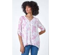 Roman Originals Button Detail Floral Top for Women UK - Ladies Everyday Holiday Spring Summer V-Neckline Comfy Soft Evening Vacation Work Party - Light Pink - Size 10