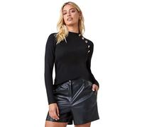 Roman Button Detail Ribbed Jumper for Women UK - Ladies Autumn Everyday Winter Holiday High Neckline Comfy Long Sleeve Soft Daywear Plain Top Desk to Dinner Sweaters - Black - Size 18