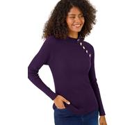 Roman Button Detail Ribbed Jumper for Women UK - Ladies Autumn Everyday Winter Holiday High Neckline Comfy Long Sleeve Soft Daywear Plain Top Desk to Dinner Sweaters - Purple - Size 14