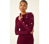 Roman Originals Turtle Neck Button Detail Jersey Dress for Women UK - Ladies Everyday Holiday Autumn Winter Pull-On Long Sleeves Comfy Soft Evening Vacation Work Party - Wine - Size 20
