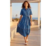 Roman Shirt Dress for Women UK Ladies Short Sleeve Sleeveless Belted Collared Midi Maxi Summer Spring Smart Casual Button Evening Office A Line Swing Skater - Blue - Size 12