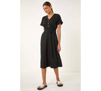 Roman Originals Swing Tea Dress Women UK Ladies Skater Midi A Line Fit & Flare Summer Casual Smart Cocktail Party Going Out Work Cruise Button Through Long Pocket - Noir Linen - Size 20