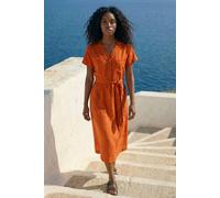 Roman Originals Swing Tea Dress Women UK Ladies Skater Midi A Line Fit & Flare Summer Casual Smart Cocktail Party Going Out Work Cruise Button Through Long Pocket - Orange Linen - Size 20