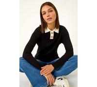 Roman Originals Button Scallop Collar Ribbed Jumper for Women UK - Ladies Everyday Autumn Winter Comfy Soft Evening Vacation Work Party Night Out - Black - Size 10