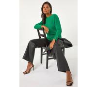 Roman Button Sleeve Fluffy Jumper for Women UK - Ladies Autumn Everyday Winter Holiday Scoop Neckline Comfy Long Sleeve Soft Ribbed Knit Top Desk to Dinner Sweaters - Green - Size 18