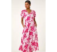 Roman Button Through Floral Shirred Midi Dress In Pink Pink 16