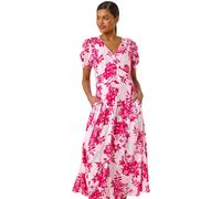 Roman Button Through Floral Shirred Midi Dress In Pink Pink 20