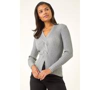Roman Originals Cable Split Detail Rib Jumper for Women UK - Ladies Everyday Autumn Winter V-Neckline Comfy Soft Evening Vacation Work Party Night Out - Grey - Size 12