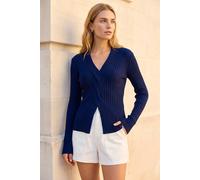 Roman Originals Cable Split Detail Rib Jumper for Women UK - Ladies Everyday Autumn Winter V-Neckline Comfy Soft Evening Vacation Work Party Night Out - Navy - Size 14