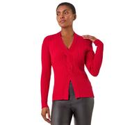 Roman Originals Cable Split Detail Rib Jumper for Women UK - Ladies Everyday Autumn Winter V-Neckline Comfy Soft Evening Vacation Work Party Night Out - Red - Size 14