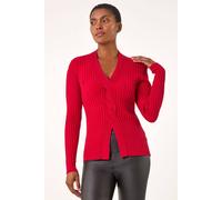 Roman Originals Cable Split Detail Rib Jumper for Women UK - Ladies Everyday Autumn Winter V-Neckline Comfy Soft Evening Vacation Work Party Night Out - Red - Size 20