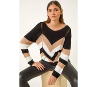 Roman Originals Chevron Colour Block Jumper for Women UK - Ladies Everyday Autumn Winter Comfy Soft Evening Vacation Work Party Night Out - Black - Size 12