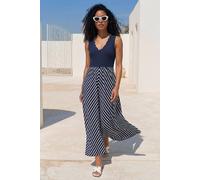 Roman Chevron Print Ribbed Midi Dress In Navy Navy