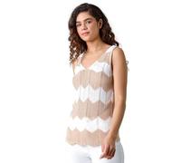 Roman Chevron Stripe Knit Top for Women UK - Ladies Spring Everyday Summer Holiday V-Neckline Comfy Sleeveless Soft Lightweight Shirt Beach Vacation Vests - Natural - Size 12