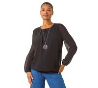 Roman Originals Chiffon Overlay Top with Necklace for Women UK Ladies Smart Evening Blouse Fitted Stretchy Going Out Elegant Sparkly Party 3/4 Length Sleeve V-Neck Silk - Plain Black - Size 10