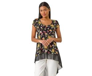 Roman Chiffon Dipped Hem Top Asymmetric Tunic for Women UK Ladies Stretchy Jersey Flared Blouse Smart Fit & Flare Form Casual Loose Longline Party Hanky Tunics - Pink Noir - Size 16