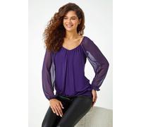Roman Chiffon Sleeve Bubble Hem Stretch Top for Women UK - Ladies Autumn Everyday Winter Holiday V-Neckline Comfy Long Sleeve Soft Elasticated Cuff Tee Desk to Dinner Shirts - Purple - Size 20