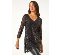 Roman Originals Circle Sequin Asymmetric Top for Women UK - Ladies Everyday Autumn Winter V-Neckline Comfy Soft Evening Vacation Work Party Night Out - Black - Size 12