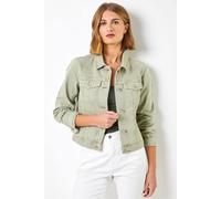 Roman Originals Jean Denim Jacket for Women UK - Ladies 100% Cotton Summer Casual Stretch Crop Smart Utility Trucker Biker Fitted Vintage Wash Faded Classic Jeans Work - Sage - Size 14