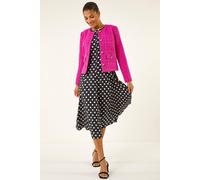 Roman Originals Collarless Cropped Boucle Jacket for Women UK - Ladies Everyday Holiday Spring Summer Edge to Edge Opening Comfy Soft Evening Vacation Work Party - Violet - Size 12