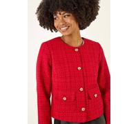 Roman Originals Collarless Cropped Boucle Jacket for Women UK - Ladies Everyday Holiday Spring Summer Edge to Edge Opening Comfy Soft Evening Vacation Work Party - Red - Size 18